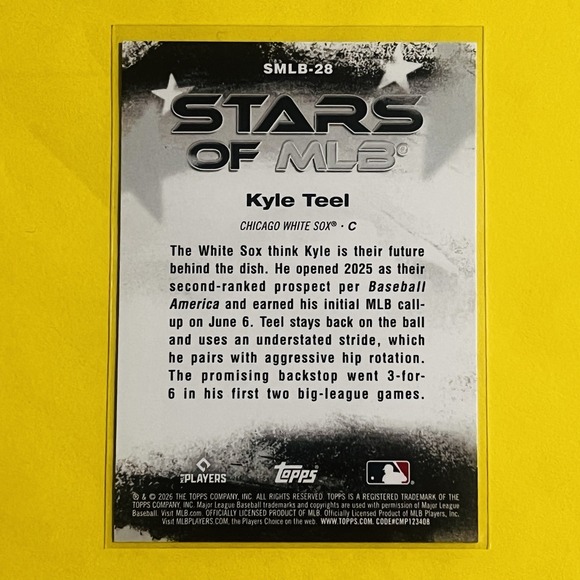 2026 Topps Series 1 Stars of MLB Kyle Teel RC SMLB-28 Chicago White Sox Insert - Picture 3 of 3